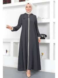 Grey - Crew neck - Unlined - Plus Size Abaya