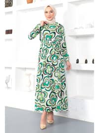 Manolya Desenli Beli Lastikli Elbise TSD230222 Yeşil