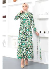 Manolya Desenli Beli Lastikli Elbise TSD230222 Yeşil