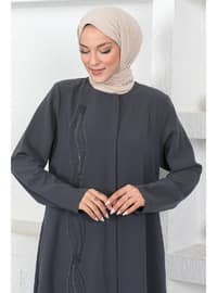 Grey - Crew neck - Unlined - Plus Size Abaya