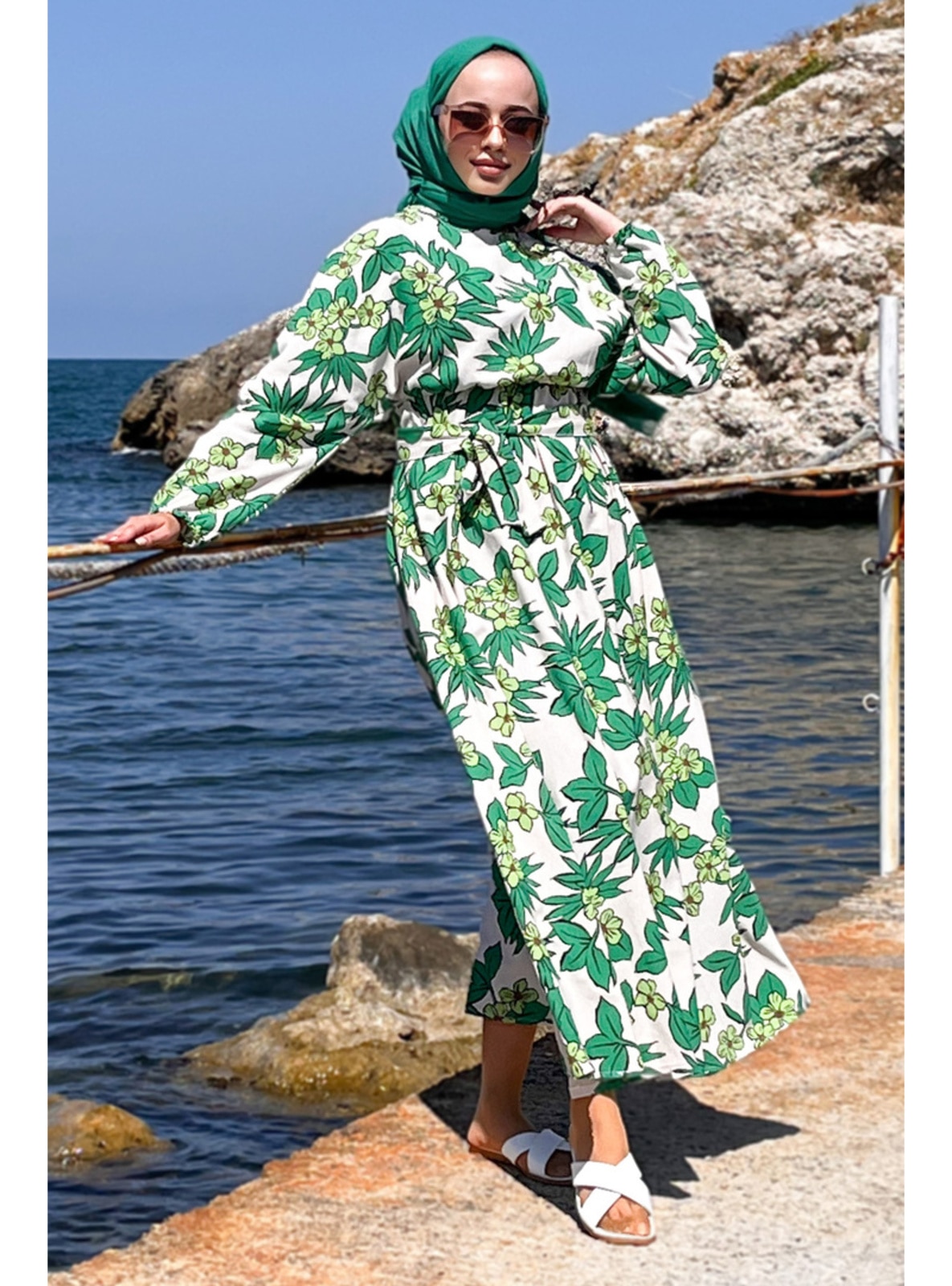 Floral Patterned Elastic Waist Dress Tsd220847 Green