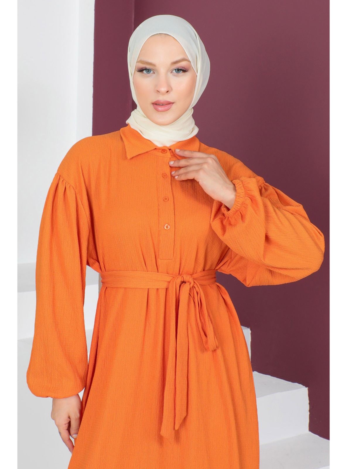 Orange - Crew neck - Unlined - Modest Dress