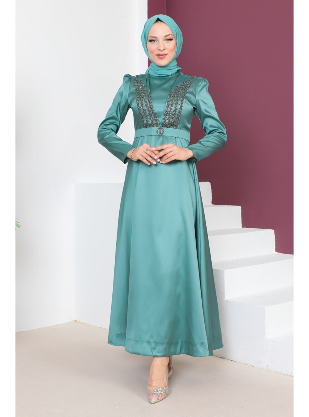 Mint Green - Unlined - Crew neck - Modest Evening Dress