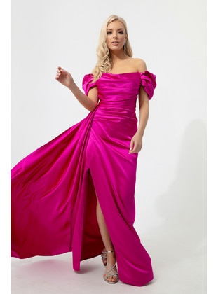 Fuchsia - Fully Lined - Boat neck - Evening Dresses - LAFABA