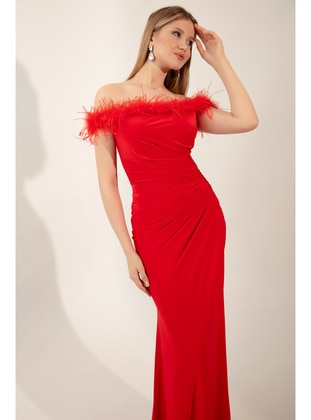 Red - Fully Lined - Boat neck - Evening Dresses - LAFABA