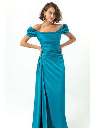 Turquoise - Fully Lined - Boat neck - Evening Dresses - LAFABA