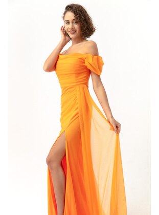 Orange - Boat neck - Fully Lined - Silvery - Evening Dresses - LAFABA