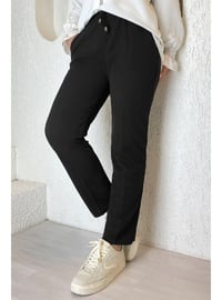 Black - Lycra Double Fabric Trousers with Elastic Waist