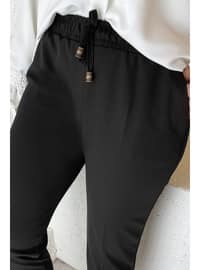 Black - Lycra Double Fabric Trousers with Elastic Waist