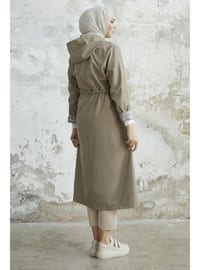 Beige - Unlined - Hooded collar - Trench Coat