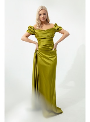 Pistachio Green - Fully Lined - Boat neck - Evening Dresses - LAFABA
