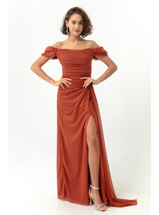 Brick Red - Boat neck - Fully Lined - Silvery - Evening Dresses - LAFABA