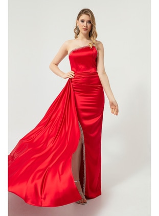 Red - Boat neck - Fully Lined - Evening Dresses - LAFABA