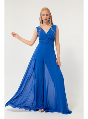 Saxe Blue - Fully Lined - V neck Collar - Evening Dresses - LAFABA