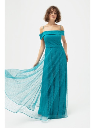 Turquoise - Fully Lined - Boat neck - Evening Dresses - LAFABA