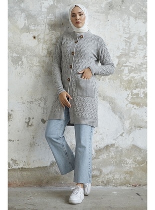 Grey - Knit Cardigan - InStyle