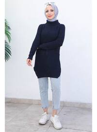 Navy Blue Women's Modest Women's Hijab Sweater Tunic With Turtleneck Slits