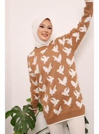 Biscuit Women's Modest Crew-Neck Seagull Patterned Hijab Sweater Tunic