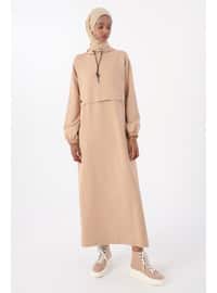Ecru - Unlined - Hooded collar - Modest Dress