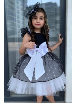 Girl's Black And White Evening Dresses With Ribbon Waistband, Puffy Tulle Skirt And Ruffled Sleeves Black And White