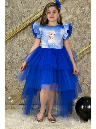 Kız Çocuk Elsa Baskılı Kat Kat Tüllü Arkadan Fiyonk Detaylı Lacivert Elbise 7-10 Yaş Lacivert