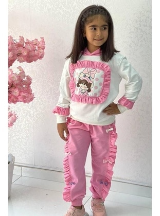 Girl's Duck Printed Ruffle Detailed Hooded Pink Tracksuit Set Pink