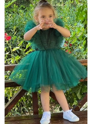 Girl's Sleeveless Silvery Bow Detailed Tulle Green Dress Green