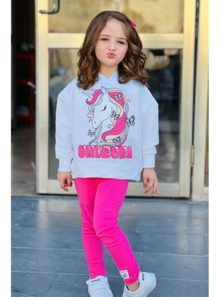 Kız Çocuk Unicorn Baskılı Kapüşonlu Sweatshirt ve Fitilli Pembe Taytlı Takım Pembe