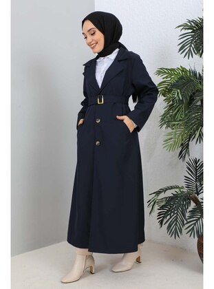 Navy Blue - Fully Lined - Plus Size Trench coat - İmaj Butik