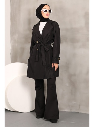 Black - Fully Lined - Plus Size Trench coat - İmaj Butik