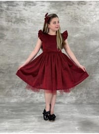 أحمر برغندي - فستان  للبنات