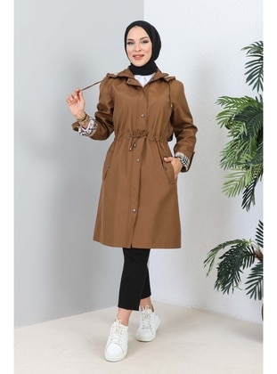 Tan - Fully Lined - Plus Size Trench coat - İmaj Butik