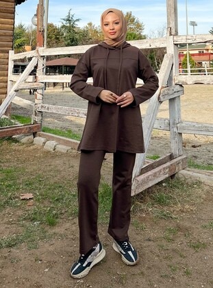 Brown - Hooded collar - Tracksuit Set - Bwest
