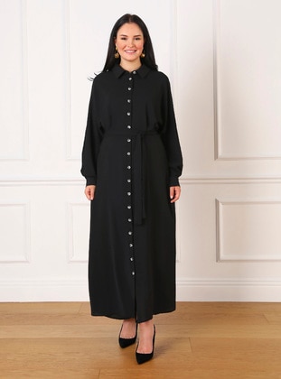 Büyük Beden Boydan Düğmeli Aerobin Tesettür Elbise - Siyah - Alia