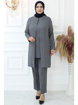 Grey - Plus Size Evening Suit - Amine Hüma