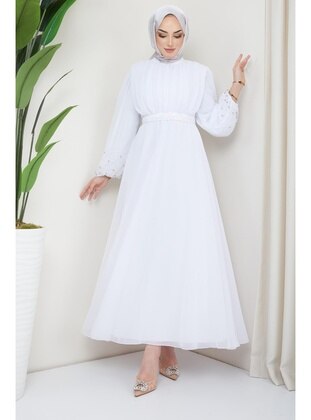 White - Modest Evening Dress - Hakimoda