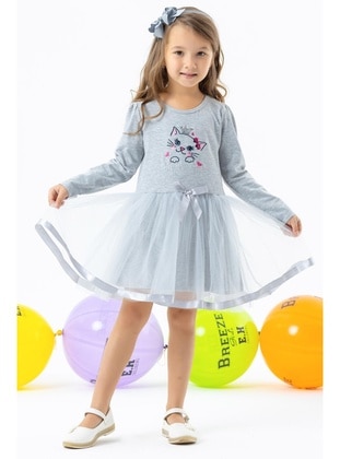 Breeze Kız Çocuk Uzun Kollu Elbise Kedicik Nakışlı Pullu 1.5-5 Yaş, Gri Melanj