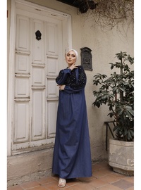 Stone Embroidered Hijab Dark Denim Dress
