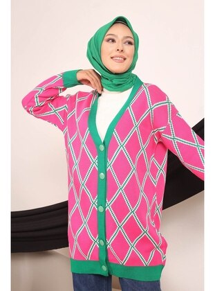 Fuchsia Women's Modest Button Down Patterned Hijab Sweater Cardigan