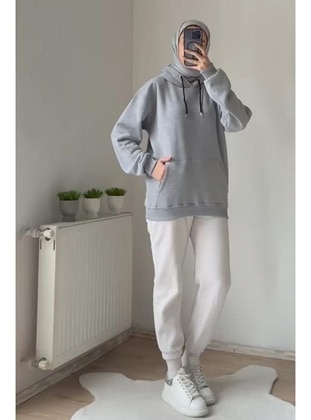 Grey - 350gr - Sweat-shirt - Burcu Fashion
