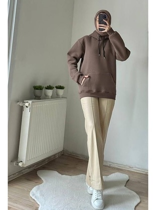 Brown - 350gr - Sweat-shirt - Burcu Fashion