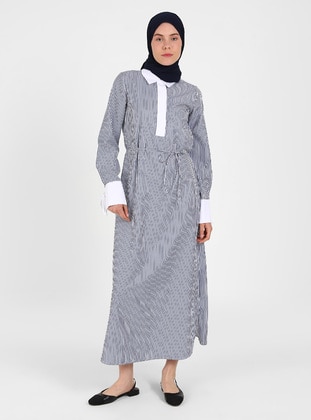 Navy Blue Striped - Modest Dress - Tavin