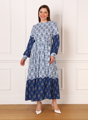 Blue Patterned - Plus Size Dress - Alia
