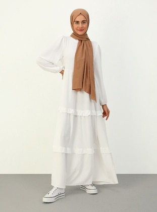 Aerobin Fırfır Detaylı Tesettür Elbise - Off white - Benin