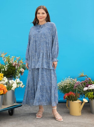 Büyük Beden Çiçek Desenli Şifon Tesettür Elbise - Mavi Desenli - Alia