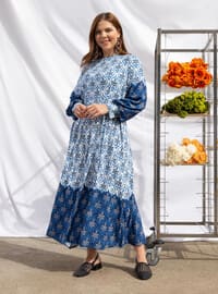 Blue Patterned - Plus Size Dress