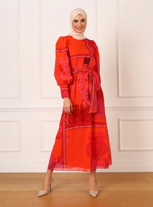 Fuchsia - Orange - Modest Dress - Refka