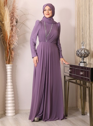 Lilac - Crew neck - Modest Evening Dress - Piennar