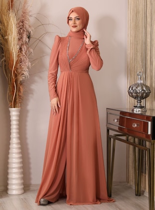 Brick Red - Crew neck - Modest Evening Dress - Piennar