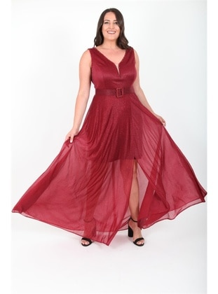 Burgundy - Plus Size Evening Dress - Ladies First